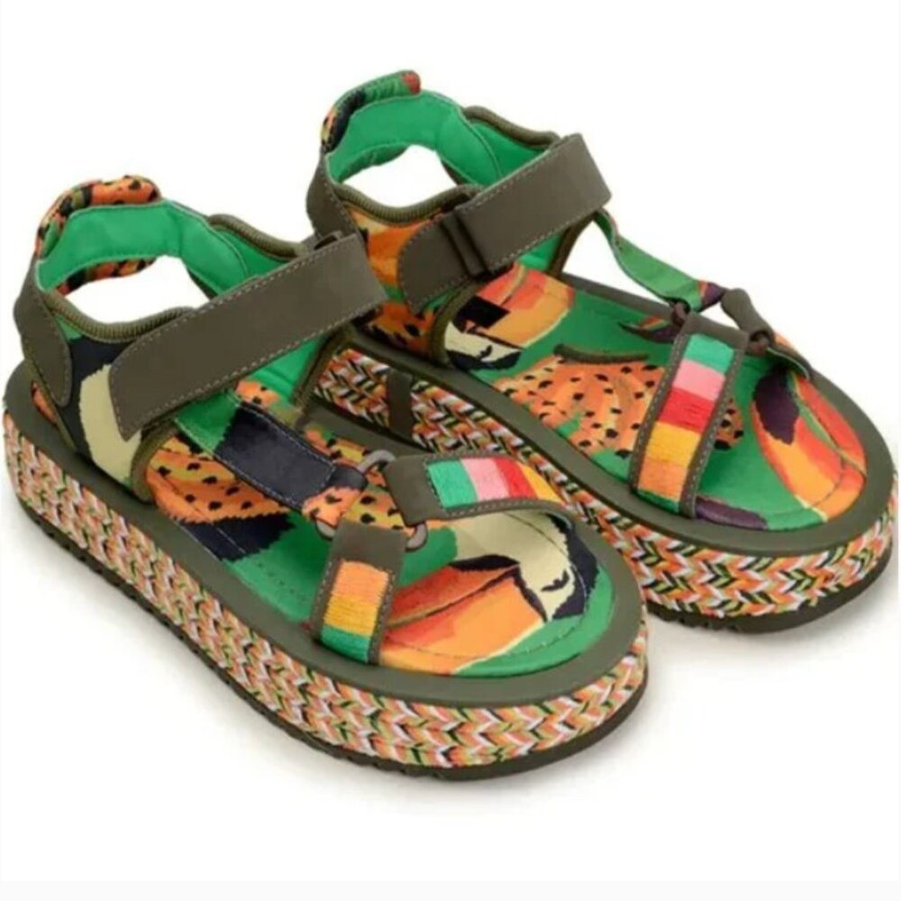 FARM RIO Flatform Raffia Velcro Sandals Green Toucans